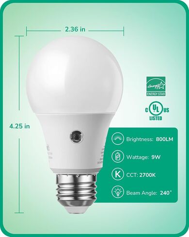 EDISHINE Dusk to Dawn Light Bulbs, 5000K Daylight Glow, Outdoor LED Light Bulb, Dual External Sensor Light, Automatic On/Off, 800LM Bright Light Bulb, 9W(60W Equivalent), E26 Base, 4 Pack, UL Listed in Saudi Arabia