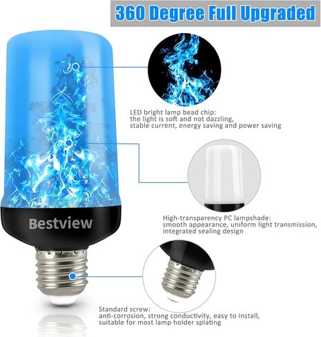 Bestview LED Flame Effect Light Bulbs,4 Modes Smart E26/E27 Base Flickering Fire Light Bulb with for Halloween, Christmas, Party, Porch, Indoor&Outdoor Home Decoration Lighting (Yellow 2 Pack) in Kuwait