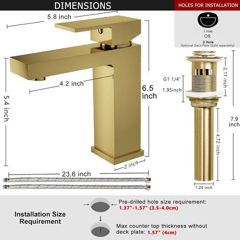 Solid Brass Bathroom Faucet, Single Handle Bathroom Sink Faucet, Lead-Free Single Hole Bathroom Faucet with Two Water Supply Hoses & Pop Up Drain Stopper Brushed Nickel in Saudi Arabia