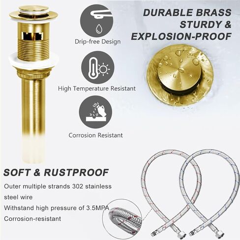 Solid Brass Bathroom Faucet, Single Handle Bathroom Sink Faucet, Lead-Free Single Hole Bathroom Faucet with Two Water Supply Hoses & Pop Up Drain Stopper Brushed Nickel in Saudi Arabia
