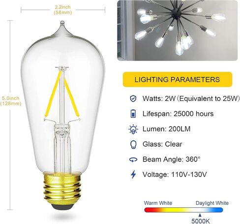 Vintage LED Edison Light Bulb 25W Equivalent, Soft White 3000K, 200LM, 2 Watt ST19/ST58 E26 Decorative Filament Bulbs, Dimmable, 6-Pack in Saudi Arabia