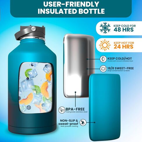 99AS Gallon Water Bottle - Insulated Water Bottle with Carrier Bag & Paracord Handle 128 oz Stainless Steel Water Bottles Water Bottle with Straw for Travel Gym (Blue) in Saudi Arabia