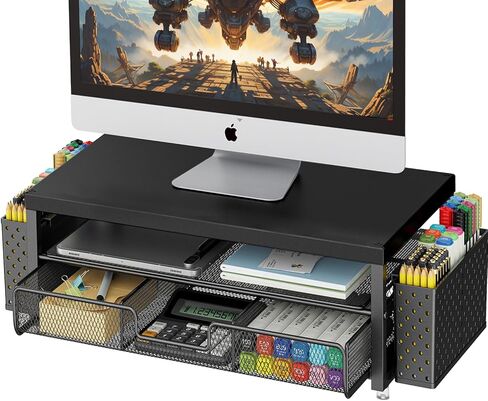 Gianotter Monitor Stand Riser ، منظم مكتب مع حامل درج وقلم ، حامل كمبيوتر ثنائي المستوى ، ملحقات مكتب المكتب ، منظمة Office (Wood) in Kuwait