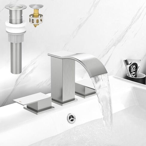 Waterfall Bathroom Sink Faucet 3 Hole, Bietor Brushed Nickel Bathroom Faucets with Pop-up Drain Stopper & Supply Lines, 4 Inch 2-Handle Lead-Free Centerset Faucet for Bathroom Sink Vanity in Saudi Arabia