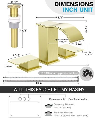 الحمام الحمام الحمام صنبور 3 حفرة ، بييتور المصنوع من الصنبورات الحمام النيكل مع سدادة الصرف المنبثقة وخطوط الإمداد ، 4 بوصة 2 مقاب in Kuwait