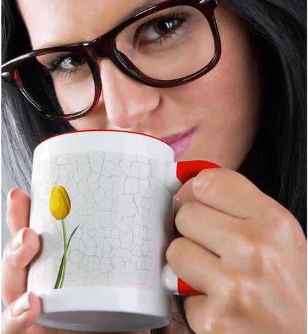 3dRose Pretty Yellow Tulip On Faux Crackle Paint Background Mug, 11 oz, Black/White in Saudi Arabia