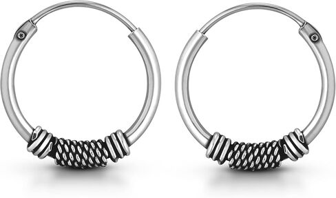 AeraVida Vintage Balinese Art Inspired Boho Chic Beaded .925 Sterling Silver 14mm Hoop Earrings in Kuwait