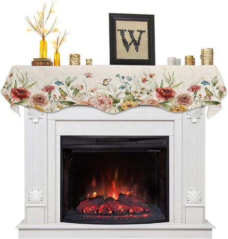 Mantle Scarf 90 x 17 Inch, Spring Watercolor Flowers Sunflowers Poppies Dahlias On Top and Down Fireplace Mantel Scarf Mantel Cover Runner for Home Living Room Indoor Holiday Party Decor in Saudi Arabia
