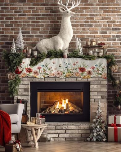 Mantle Scarf 90 x 17 Inch, Spring Watercolor Flowers Sunflowers Poppies Dahlias On Top and Down Fireplace Mantel Scarf Mantel Cover Runner for Home Living Room Indoor Holiday Party Decor in Saudi Arabia