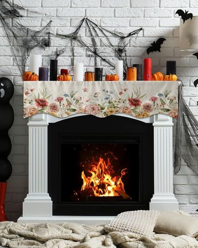 Mantle Scarf 90 x 17 Inch, Spring Watercolor Flowers Sunflowers Poppies Dahlias On Top and Down Fireplace Mantel Scarf Mantel Cover Runner for Home Living Room Indoor Holiday Party Decor in Saudi Arabia