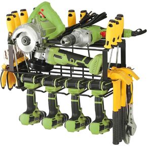 Power Tool Organizer-4 Drill Holder Wall Mount,3 Layer Metal Power Tool Storage Rack,Garage Tool Organizer and Storage with Screwdriver Holder/Plier Holder/Hammer Holder (3, 2 Racks+1 Shelf (Black)-2)