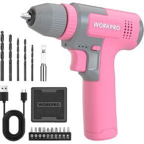 WORKPRO Pink Cordless 8V Drill Driver Set, 2Ah Electric Power Drill with 3/8'' Keyless Chuck, 15pcs Bits & 1 Type-C Charging Cord for Drilling and Screwing - Pink Ribbon