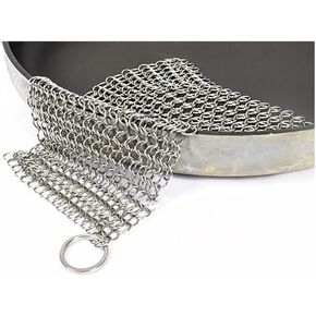304 Stainless Steel Cast Iron Scrubber - 8 x 8 Inches Cleaner Chainmail Dish Scouring Pad for Dishwasher Cleaning - Chainmail Scrubber for cast Iron Pans - Dutch Ovens Grills