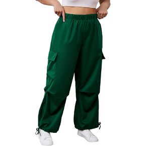 OYOANGLE Women's Plus Size Elastic High Waist Flap Pocket Cargo Pants Streetwear Loose Baggy Trousers with Pocket
