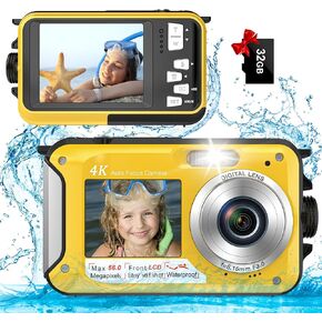 4K Underwater Camera with 32GB Card 1250mAh Battery 56MP Autofocus 11FT Waterproof Camera Dual-Screen Selfie 16X Waterproof Floatable Digital Camera Underwater Camera for Snorkeling