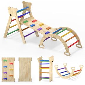 7 in 1 Montessori Pikler Triangle Set, Foldable Wooden Pickler-3 Piece Baby Climbing Gym Toddler Climbing Toys Indoor with Arch, Ramp, Ladder