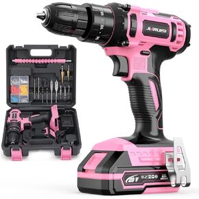 Power Drill Cordless, 20V Cordless Drill, Electric Power Drill Set with 1 Battery & Charger, 3/8" Keyless Chuck, 2 Variable Speed, 18+3 Torque and 72pcs Drill/Driver Bits, Pink