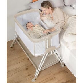 Baby Bassinet Bedside Sleeper with Wheels and Storage Tray, 4-Side Mesh Bedside Bassinet for Baby,Height Adjustable Bedside Crib for Newborn/Infant, Light Grey,Mattress Included