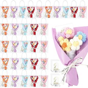 20 Sets Crochet Flowers Bouquet Handmade Knitted Artificial Flowers with Sunflower A Bunch of Love Cards in Gift Bags for Christmas Mother Valentines Anniversary Favors