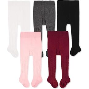 CozyWay Cable Knit Cotton Leggings/Tights for Baby Girls, 5 Pack, White/Pink/Black/Gray/Purple, 6-12 Months Old