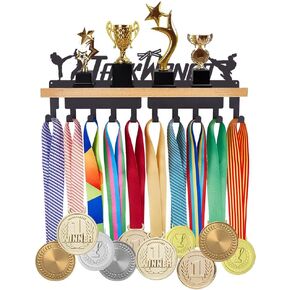 SUPERDANT Brazilian Jiu-Jitsu Medal Hanger Display Trophy Shelf Wooden Trophy Shelf with 10 Iron Hooks Wall Mount Sports Race Medal Ribbon Display Holder Rack Trophy Award Display Shelf for Athlete