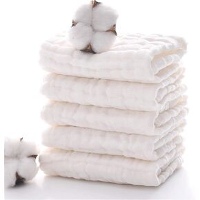 MUKIN Baby Muslin Washcloths, Natural Cotton, Soft Newborn Face Towel, 5 Pack, 12 x 12 inches (White,Pink,Yellow,Purple)