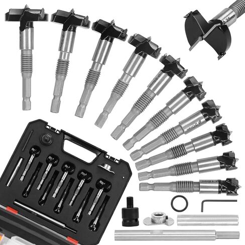 Upgraded 10pc Forstner Drill Bit Set,Threaded Design for Connection Extension Bar with Woodworking Limiter and Impact Wrench Conversion Bit for Softwood,Plywood(Metric) in Saudi Arabia
