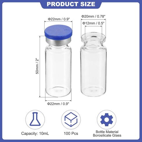 PATIKIL 10ml Sample Vials, 100 Pack Lab Empty Vials with Butyl Rubber Stopper Crimp Top Caps and Labels Borosilicate Glass Vial, Amber in Kuwait