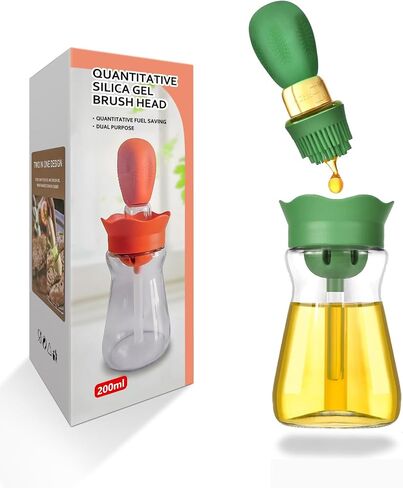 Oil Dispenser Bottle with Silicone Brush, 200ML 2 in 1 Silicone Dropper Measuring Oil Dispenser Bottle for Kitchen Cooking, Frying, Baking, BBQ Pancake, Air Fryer, Marinating - Orange in Saudi Arabia