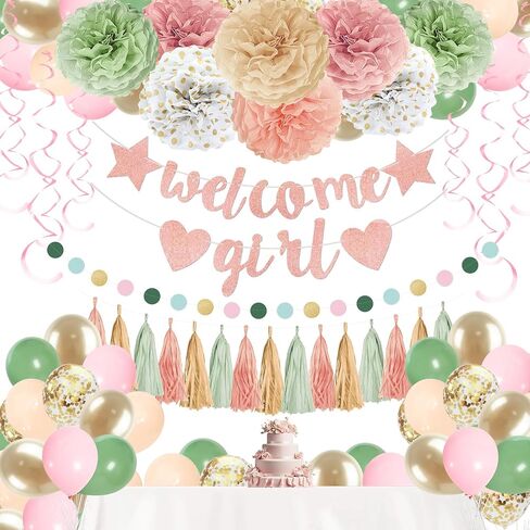 Sage Green Baby Shower Decorations Olive Green Balloon Garland Kit Welcome Baby Banner Balloons Pom Poms Flowers Tassels Circle Dots Star Garland for Gender Neutral Baby Shower Supplies in Kuwait
