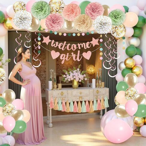 Sage Green Baby Shower Decorations Olive Green Balloon Garland Kit Welcome Baby Banner Balloons Pom Poms Flowers Tassels Circle Dots Star Garland for Gender Neutral Baby Shower Supplies in Kuwait