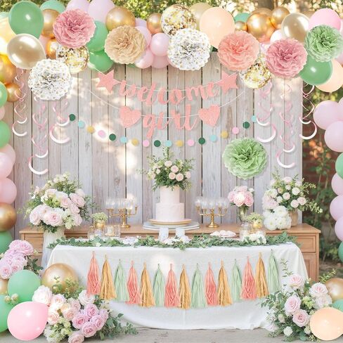 Sage Green Baby Shower Decorations Olive Green Balloon Garland Kit Welcome Baby Banner Balloons Pom Poms Flowers Tassels Circle Dots Star Garland for Gender Neutral Baby Shower Supplies in Kuwait