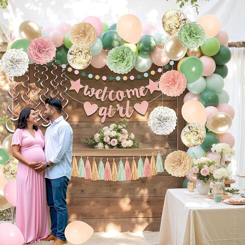 Sage Green Baby Shower Decorations Olive Green Balloon Garland Kit Welcome Baby Banner Balloons Pom Poms Flowers Tassels Circle Dots Star Garland for Gender Neutral Baby Shower Supplies in Kuwait