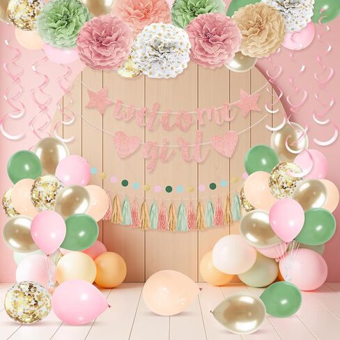 Sage Green Baby Shower Decorations Olive Green Balloon Garland Kit Welcome Baby Banner Balloons Pom Poms Flowers Tassels Circle Dots Star Garland for Gender Neutral Baby Shower Supplies in Kuwait