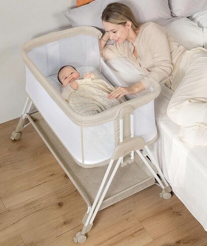 Baby Bassinet Sedider Sleeper مع عجلات ودرج تخزين ، وسرير سرير بجانب السرير من 4 جوانب للطفل ، ومرتقة سرير سرير قابلة للتعديل للولودات حديثي الولادة/الرضيع ، رمادي فاتح ، مرتبة in Saudi Arabia