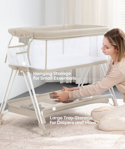 Baby Bassinet Sedider Sleeper مع عجلات ودرج تخزين ، وسرير سرير بجانب السرير من 4 جوانب للطفل ، ومرتقة سرير سرير قابلة للتعديل للولودات حديثي الولادة/الرضيع ، رمادي فاتح ، مرتبة in Saudi Arabia
