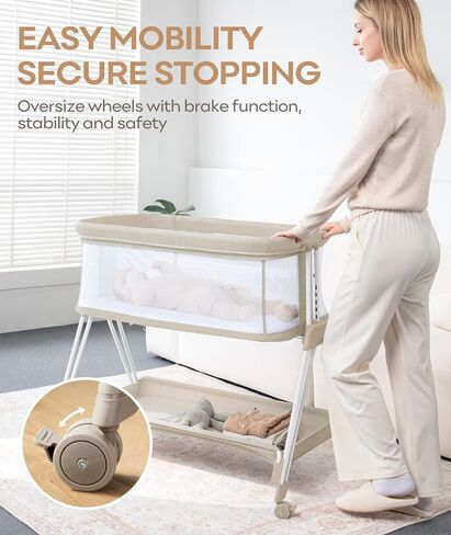 Baby Bassinet Sedider Sleeper مع عجلات ودرج تخزين ، وسرير سرير بجانب السرير من 4 جوانب للطفل ، ومرتقة سرير سرير قابلة للتعديل للولودات حديثي الولادة/الرضيع ، رمادي فاتح ، مرتبة in Saudi Arabia