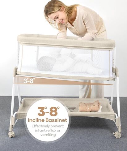 Baby Bassinet Sedider Sleeper مع عجلات ودرج تخزين ، وسرير سرير بجانب السرير من 4 جوانب للطفل ، ومرتقة سرير سرير قابلة للتعديل للولودات حديثي الولادة/الرضيع ، رمادي فاتح ، مرتبة in Saudi Arabia