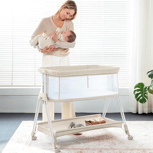 Baby Bassinet Sedider Sleeper مع عجلات ودرج تخزين ، وسرير سرير بجانب السرير من 4 جوانب للطفل ، ومرتقة سرير سرير قابلة للتعديل للولودات حديثي الولادة/الرضيع ، رمادي فاتح ، مرتبة in Saudi Arabia