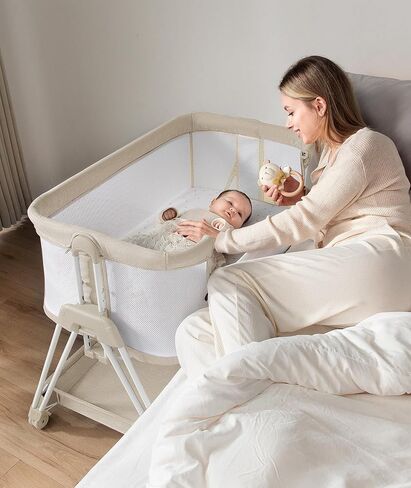 Baby Bassinet Sedider Sleeper مع عجلات ودرج تخزين ، وسرير سرير بجانب السرير من 4 جوانب للطفل ، ومرتقة سرير سرير قابلة للتعديل للولودات حديثي الولادة/الرضيع ، رمادي فاتح ، مرتبة in Saudi Arabia