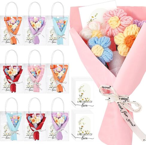 20 Sets Crochet Flowers Bouquet Handmade Knitted Artificial Flowers with Sunflower A Bunch of Love Cards in Gift Bags for Christmas Mother Valentines Anniversary Favors in Saudi Arabia