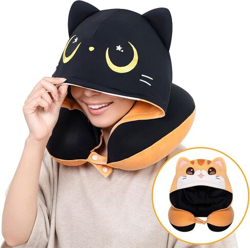 Travel Neck Pillow with Hood, Cute Bat Neck Pillow for Kids & Adults, Memory Foam Travel Pillow for Flight Headrest Sleep, Reversible Neck Pillow with Black Bat & White Bat in Saudi Arabia