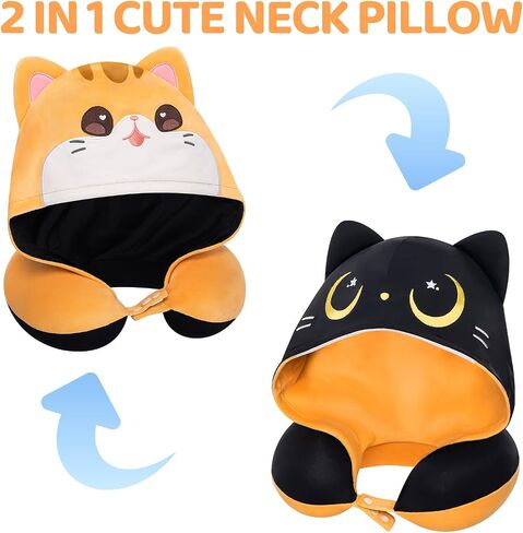 Travel Neck Pillow with Hood, Cute Bat Neck Pillow for Kids & Adults, Memory Foam Travel Pillow for Flight Headrest Sleep, Reversible Neck Pillow with Black Bat & White Bat in Saudi Arabia