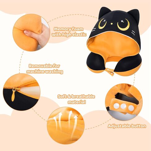 Travel Neck Pillow with Hood, Cute Bat Neck Pillow for Kids & Adults, Memory Foam Travel Pillow for Flight Headrest Sleep, Reversible Neck Pillow with Black Bat & White Bat in Saudi Arabia
