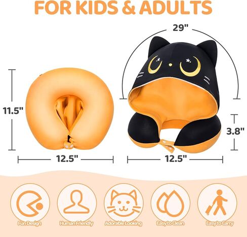 Travel Neck Pillow with Hood, Cute Bat Neck Pillow for Kids & Adults, Memory Foam Travel Pillow for Flight Headrest Sleep, Reversible Neck Pillow with Black Bat & White Bat in Saudi Arabia