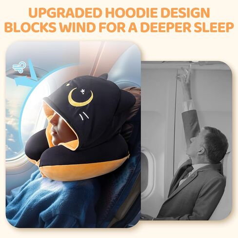Travel Neck Pillow with Hood, Cute Bat Neck Pillow for Kids & Adults, Memory Foam Travel Pillow for Flight Headrest Sleep, Reversible Neck Pillow with Black Bat & White Bat in Saudi Arabia
