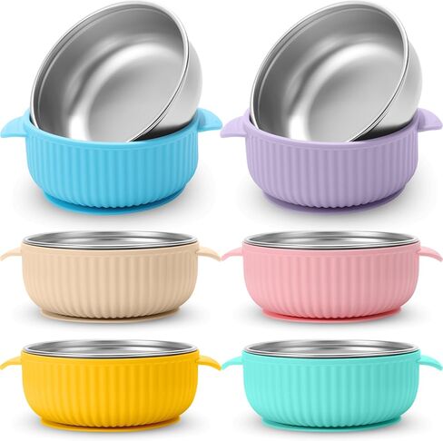 Nuogo 6 Pcs 304 Stainless Steel Baby Bowls with Removable Silicone Shell Toddler Bowls Kids Bowls Anti Scald Snack Container for Food Feeding, Dishwasher Safe(Suction) in Kuwait