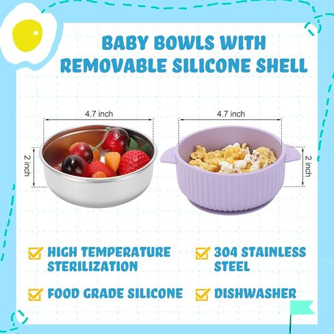 Nuogo 6 Pcs 304 Stainless Steel Baby Bowls with Removable Silicone Shell Toddler Bowls Kids Bowls Anti Scald Snack Container for Food Feeding, Dishwasher Safe(Suction) in Kuwait