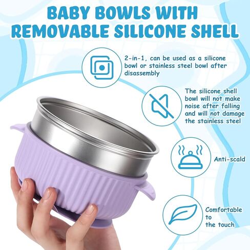 Nuogo 6 Pcs 304 Stainless Steel Baby Bowls with Removable Silicone Shell Toddler Bowls Kids Bowls Anti Scald Snack Container for Food Feeding, Dishwasher Safe(Suction) in Kuwait