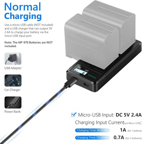 Neewer NP-F970 4 Channel Charger for NP-F550 NP-F750 Camcorder Camera Battery, 100W PD Fast Charging NPF Battery Charger with OLED Display & 100W USB C to USB C Fast Charging Cable, NW-F4 in Saudi Arabia